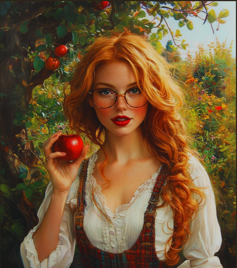 Marla James imagined in the Garden of Eden as Eve. Portrait of the site's librarian & humain-in-chief, Marla James, holding an apple in a mystic garden as if a modern Eve