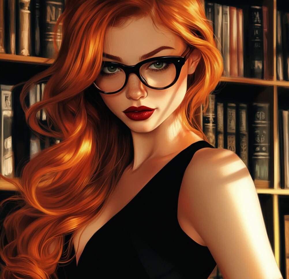 portrait of the librarian, Marla James, holding the gaze of the viewer as she stands in her library